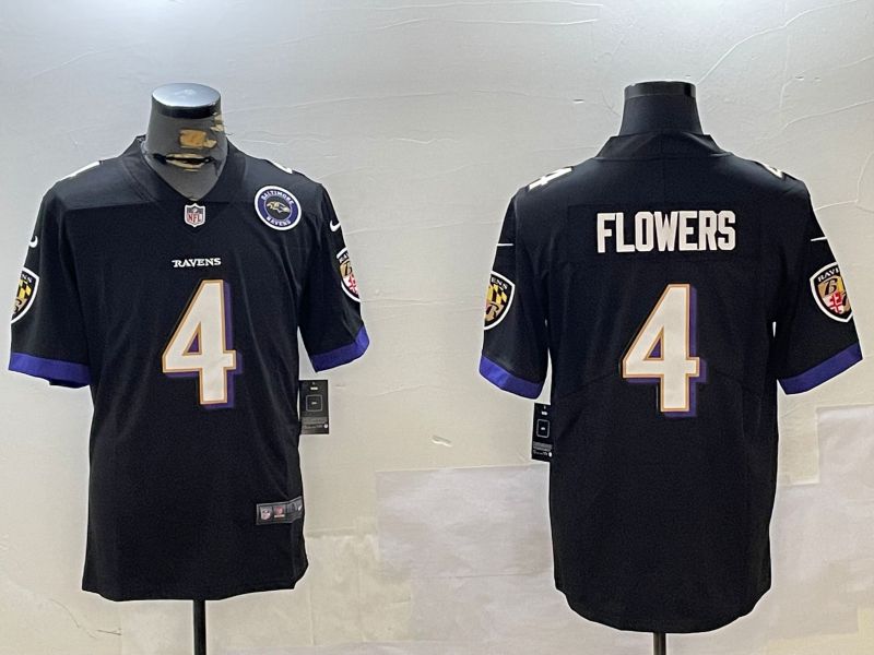 Men Baltimore Ravens #4 Flowers Black Second generation 2024 Nike Limited NFL Jersey style 1
